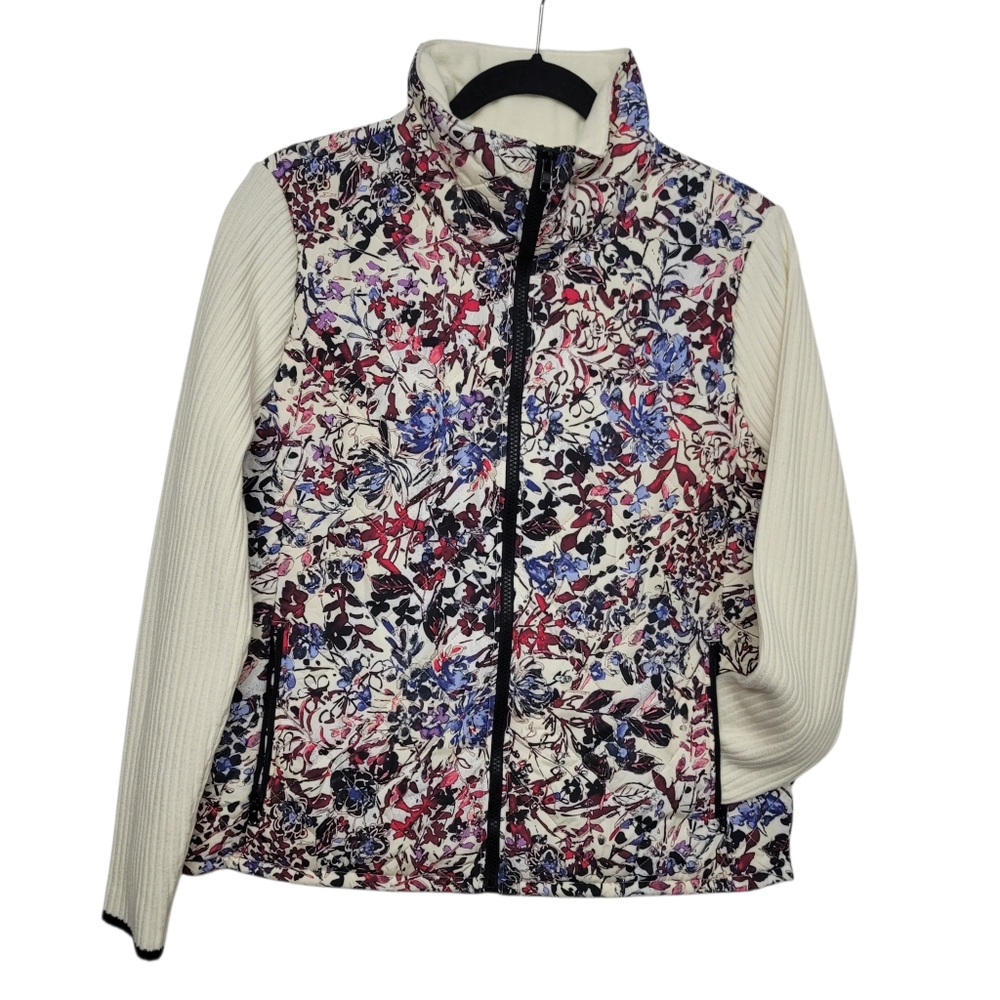 Talbots Quilted Mixed Media Jacket Blue Red Watercolor Garden - Picture 4 of 13